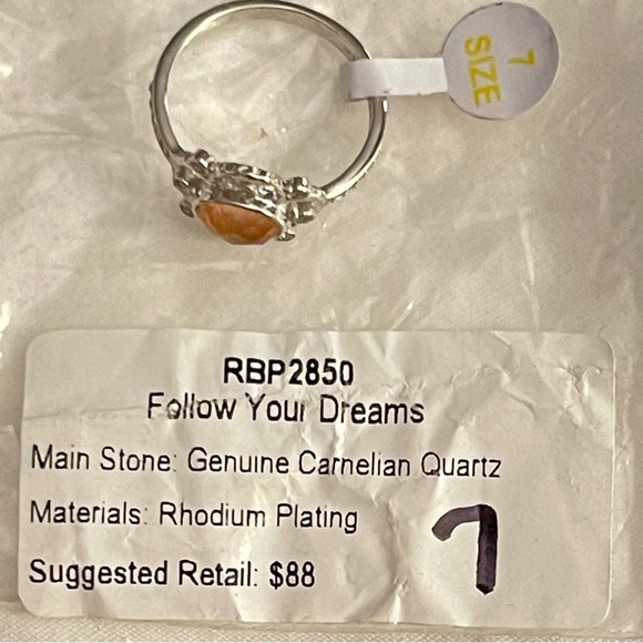 “Follow your Dreams” RBP2850 Genuine Carnelian Quartz on Rhodium plating Sz 7 - Picture 5 of 5